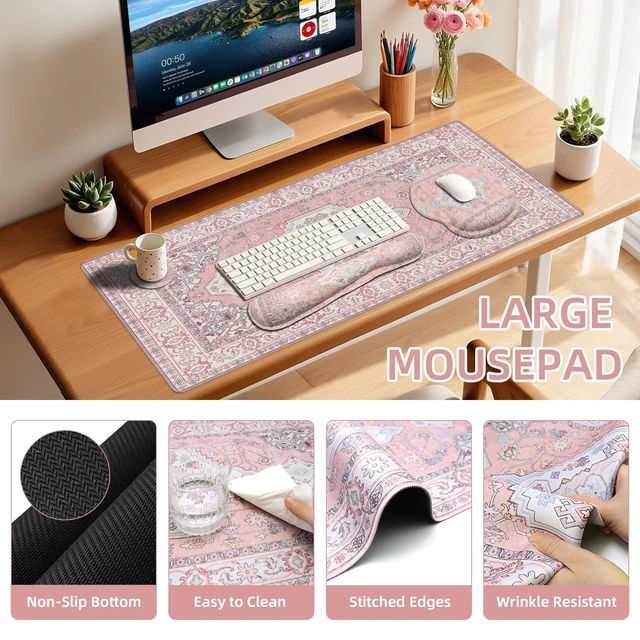 Alt view image 5 of 7 - Mousepad SetKeyboard Mat+Wrist Support Mouse Pad+Wrist Rest Pad+Coaster | Pink Cute Desk Decor with Non-Slip Rubber Base, Smooth Surface for Office, Gaming, Home