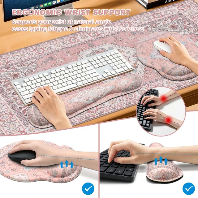 Alt view image 3 of 7 - Mousepad SetKeyboard Mat+Wrist Support Mouse Pad+Wrist Rest Pad+Coaster | Pink Cute Desk Decor with Non-Slip Rubber Base, Smooth Surface for Office, Gaming, Home