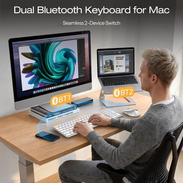 Alt view image 2 of 7 - OMOTON Wireless Keyboard and Mouse Combo for Mac, Full-Size Metal Frame | Dual Bluetooth & 2.4G 3-in-1, Ultra-Slim Ergonomic Rechargeable, Compatible with MacBook iMac Mac mini, for Analysts & Office