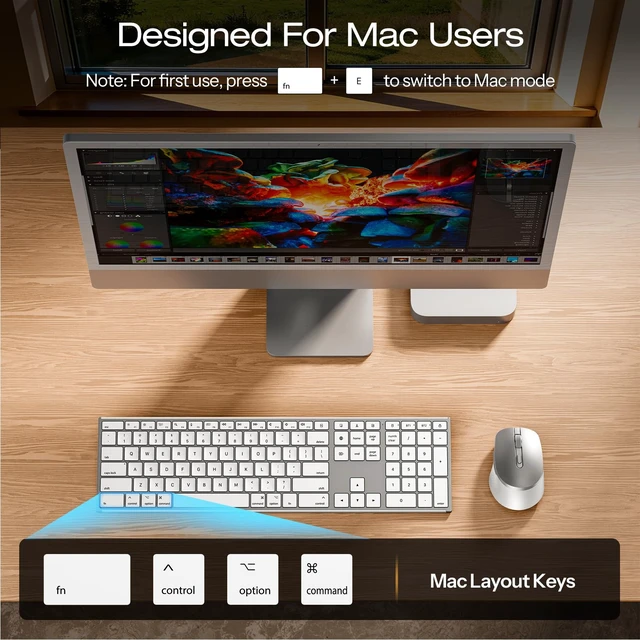 Alt view image 4 of 7 - OMOTON Wireless Keyboard and Mouse Combo for Mac, Full-Size Metal Frame | Dual Bluetooth & 2.4G 3-in-1, Ultra-Slim Ergonomic Rechargeable, Compatible with MacBook iMac Mac mini, for Analysts & Office