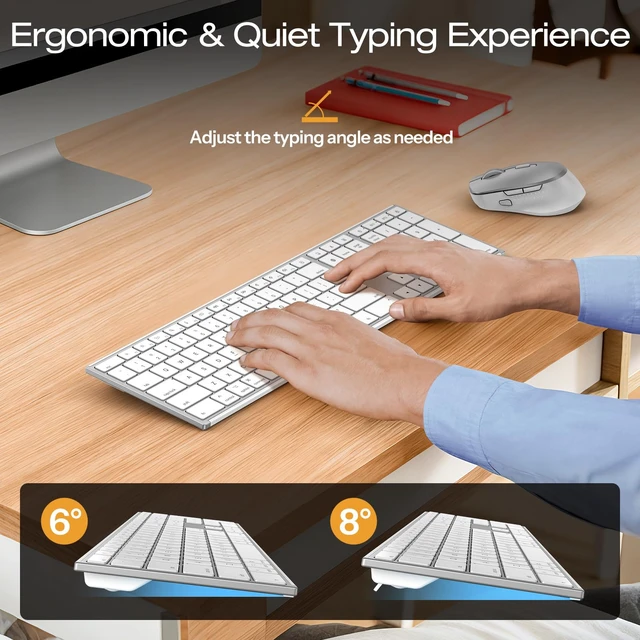 Alt view image 6 of 7 - OMOTON Wireless Keyboard and Mouse Combo for Mac, Full-Size Metal Frame | Dual Bluetooth & 2.4G 3-in-1, Ultra-Slim Ergonomic Rechargeable, Compatible with MacBook iMac Mac mini, for Analysts & Office