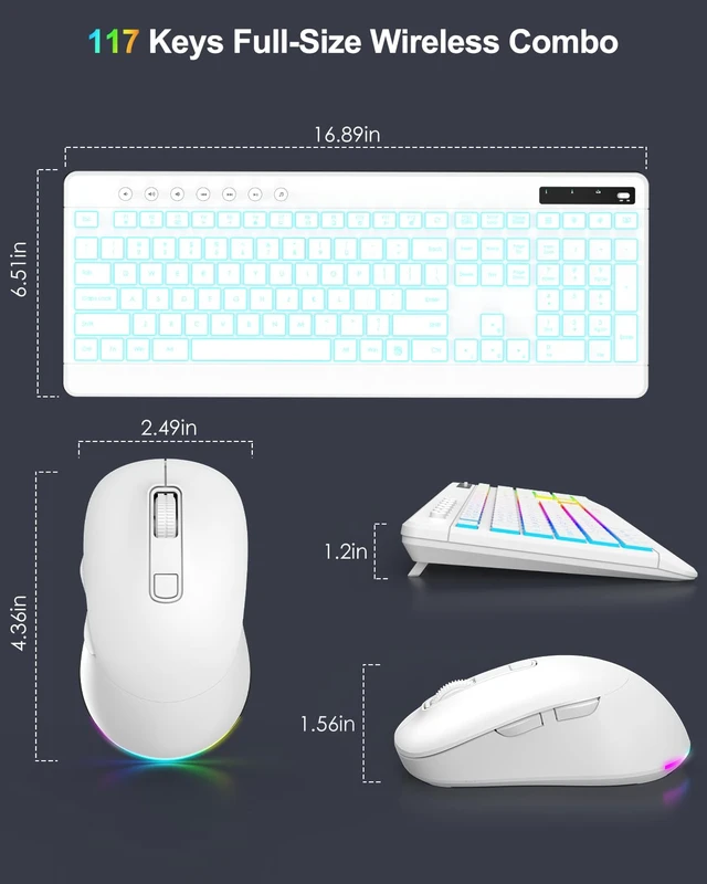 Alt view image 7 of 7 - Wireless Keyboard and Mouse Combo with 10 Color Backlits Phone Holder White | Rechargeable Ergonomic Keyboard with Light Up Letters, Silent Lighted Full Size Keyboard Mice Combo Computer, Mac, PC,