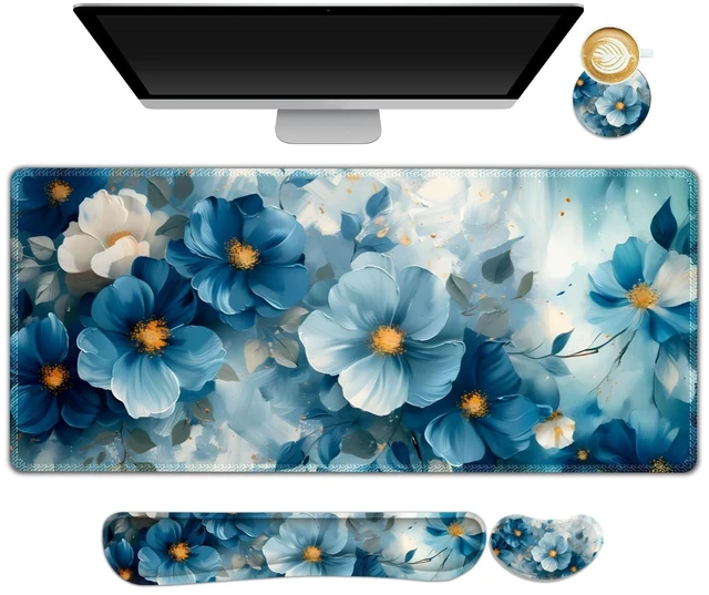 Main image of NXZGO Desk Mat Pad, Gaming Mouse Pad Wrist Support Set, 4 in1 Non-Slip Large Mousepad + Ergonomic Design Keyboard Wrist Rest+Mouse Wrist Rest+Coaster for Home Office Computer I Blue Floral Watercolor