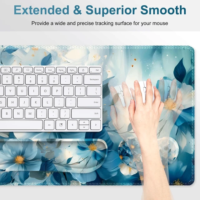 Alt view image 3 of 7 - NXZGO Desk Mat Pad, Gaming Mouse Pad Wrist Support Set, 4 in1 Non-Slip Large Mousepad + Ergonomic Design Keyboard Wrist Rest+Mouse Wrist Rest+Coaster for Home Office Computer I Blue Floral Watercolor