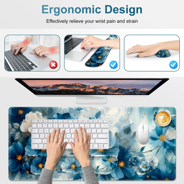 Alt view image 4 of 7 - NXZGO Desk Mat Pad, Gaming Mouse Pad Wrist Support Set, 4 in1 Non-Slip Large Mousepad + Ergonomic Design Keyboard Wrist Rest+Mouse Wrist Rest+Coaster for Home Office Computer I Blue Floral Watercolor