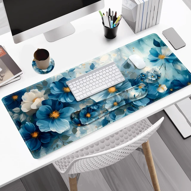 Alt view image 2 of 7 - NXZGO Desk Mat Pad, Gaming Mouse Pad Wrist Support Set, 4 in1 Non-Slip Large Mousepad + Ergonomic Design Keyboard Wrist Rest+Mouse Wrist Rest+Coaster for Home Office Computer I Blue Floral Watercolor