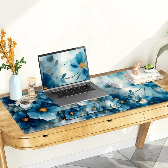 Alt view image 7 of 7 - NXZGO Desk Mat Pad, Gaming Mouse Pad Wrist Support Set, 4 in1 Non-Slip Large Mousepad + Ergonomic Design Keyboard Wrist Rest+Mouse Wrist Rest+Coaster for Home Office Computer I Blue Floral Watercolor
