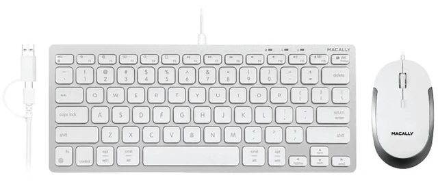 Main image of Macally Compact Keyboard and Mouse Combo for Mac & PC - Wired USB-C + USB-A | Silver and White Finish, USB C + USB A Plugs, 78 Scissor Keys, Mac Shortcuts, 800/1200/1600 DPI Mouse