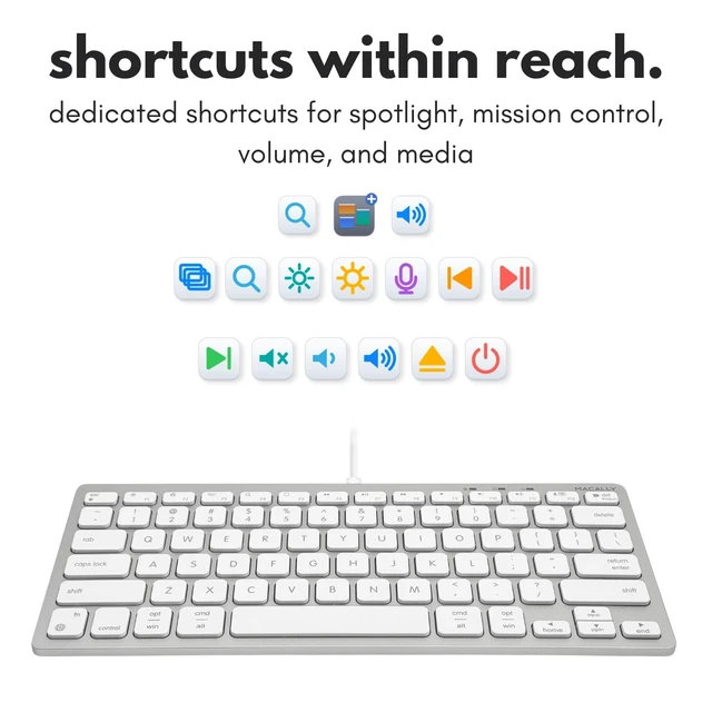 Alt view image 4 of 7 - Macally Compact Keyboard and Mouse Combo for Mac & PC - Wired USB-C + USB-A | Silver and White Finish, USB C + USB A Plugs, 78 Scissor Keys, Mac Shortcuts, 800/1200/1600 DPI Mouse