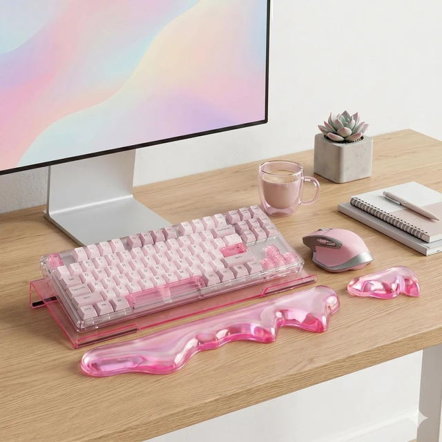 Alt view image 6 of 7 - Acrylic Computer Keyboard Stand with Gel Mountain Wrist Rest Keyboard Riser with Comfortable Clear Silicone Mouse Wrist Pad Ergonomic Tilted Transparent Keyboard Holder for Desktop Office Hot Pink