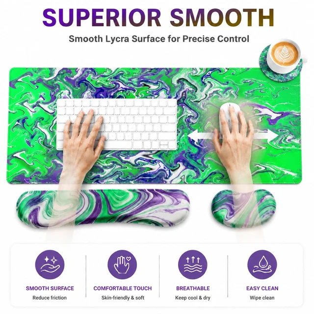 Alt view image 2 of 6 - AWANKOU 4 in1 Desk Mat Set, 31.5"×11.8" XXL Gaming Computer Mat &Mouse Pad Wrist Support & Keyboard Wrist Rest & Cup Coaster, Ergonomic Non-Slip Computer Mat for Office, Home for Women, Men, Student