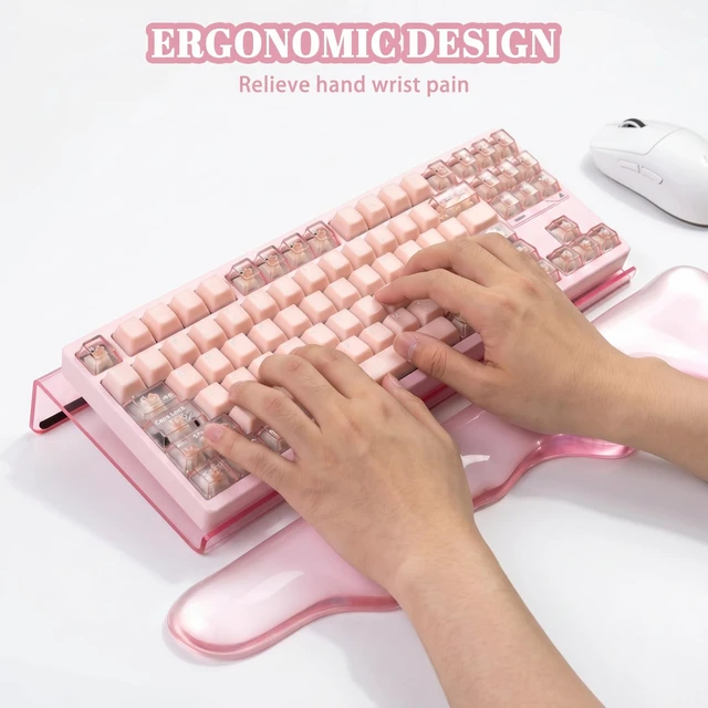 Alt view image 3 of 7 - Acrylic Computer Keyboard Stand with Gel Mountain Wrist Rest Keyboard Riser with Comfortable Clear Silicone Mouse Wrist Pad Ergonomic Tilted Transparent Keyboard Holder for Desktop Office Hot Pink