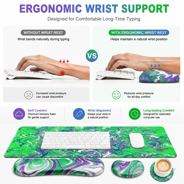 Alt view image 3 of 6 - AWANKOU 4 in1 Desk Mat Set, 31.5"×11.8" XXL Gaming Computer Mat &Mouse Pad Wrist Support & Keyboard Wrist Rest & Cup Coaster, Ergonomic Non-Slip Computer Mat for Office, Home for Women, Men, Student