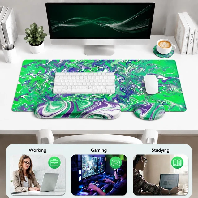 Alt view image 5 of 6 - AWANKOU 4 in1 Desk Mat Set, 31.5"×11.8" XXL Gaming Computer Mat &Mouse Pad Wrist Support & Keyboard Wrist Rest & Cup Coaster, Ergonomic Non-Slip Computer Mat for Office, Home for Women, Men, Student