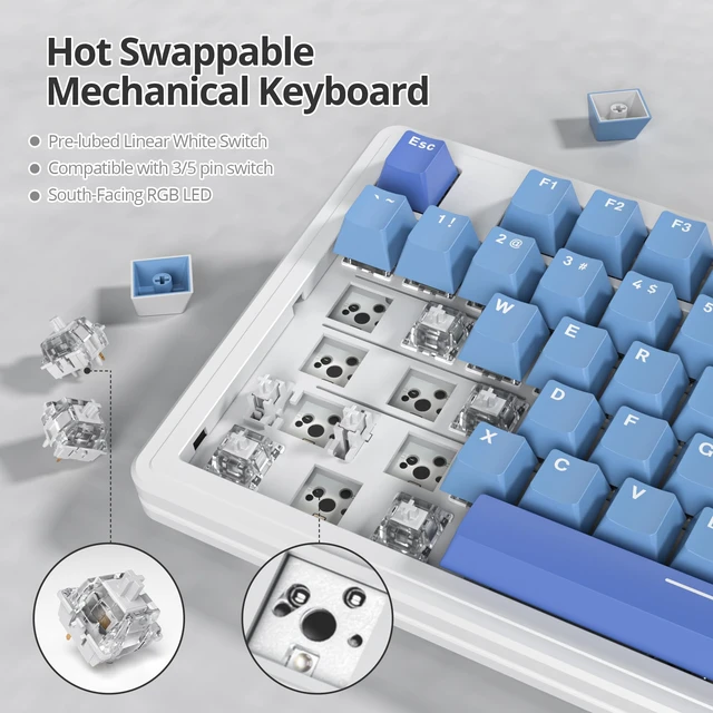 Alt view image 3 of 7 - Owpkeenthy 75 Percent Gaming Keyboard Gasket Mounted,87 Key Wired TKL Mechanical Keyboard Hot Swappable Linear Pre-lubed Linear Switch South-Facing RGB Backlit for PC Laptop (N-Blue)