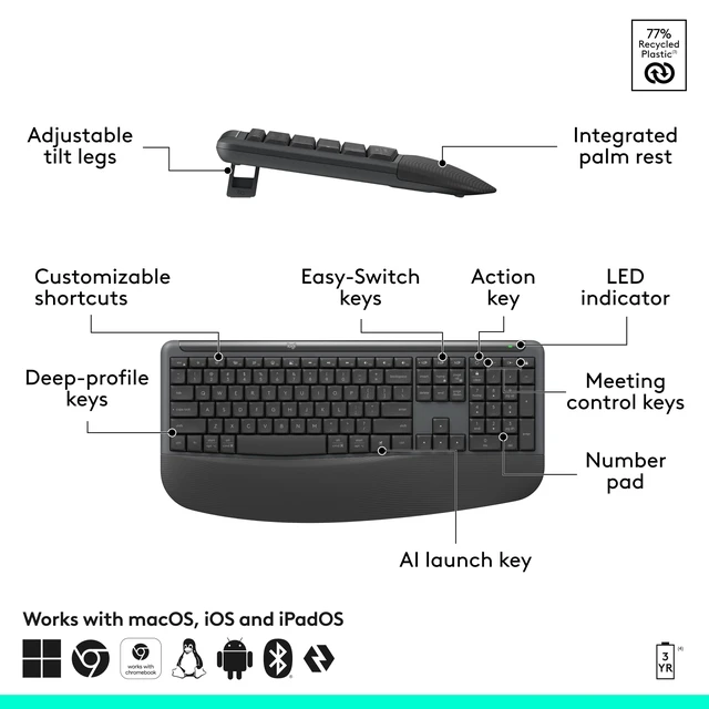Alt view image 2 of 7 - Logitech Signature Comfort Plus MK880 for Business Keyboard Mouse Combo | Full-size combo for Business, integrated palm rest, silent clicks, secure receiver, Bluetooth, Windows and macOS compatible