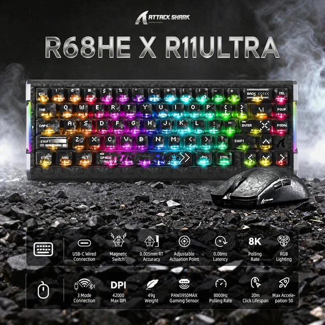 Alt view image 4 of 7 - ATTACK SHARK R68 HE & R11 Ultra Combo 60% Magnetic Switch Keyboard, 0.005mm Rapid Trigger, 8000Hz + 49g Carbon Fiber Tri-Mode Mouse, PAW3950MAX, 42000 DPI, Ink/Black Ink + Tape