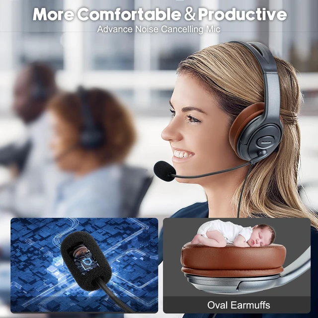 Alt view image 5 of 7 - EMAIKER Noise Canceling USB Headphones with Microphone & in-Line Controls for Dragon Dictation, Over Ear PC Headphones for Office Work from Home Skype Teams Zoom Meeting WebEx Softphone