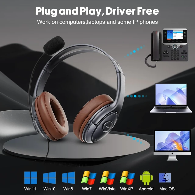 Alt view image 2 of 7 - EMAIKER Noise Canceling USB Headphones with Microphone & in-Line Controls for Dragon Dictation, Over Ear PC Headphones for Office Work from Home Skype Teams Zoom Meeting WebEx Softphone