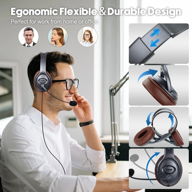 Alt view image 4 of 7 - EMAIKER Noise Canceling USB Headphones with Microphone & in-Line Controls for Dragon Dictation, Over Ear PC Headphones for Office Work from Home Skype Teams Zoom Meeting WebEx Softphone