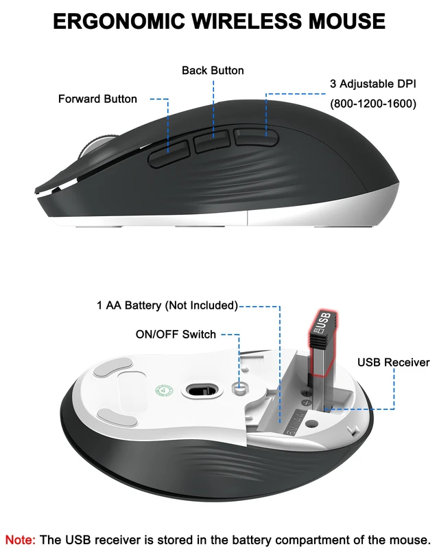 Alt view image 6 of 7 - EDJO Wireless Keyboard and Mouse Combo, Full Size Quiet Ergonomic, Black | Silent ergonomic keyboard with palm rest, 3-Level DPI Quiet Optical Mouse, 2.4G USB Receiver for Mac Windows PC Laptop