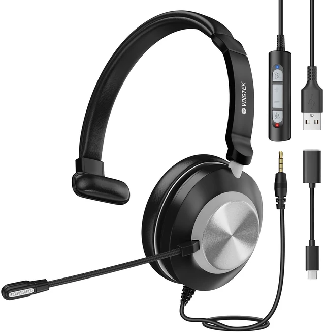 Main image of Voistek USB Headset with Microphone for PC/Laptop, One Ear Computer Headphones with Noise Cancelling Mic, 3.5mm+USB in-Line Mute, Volume Control for Work Home Office Online Class Skype Zoom