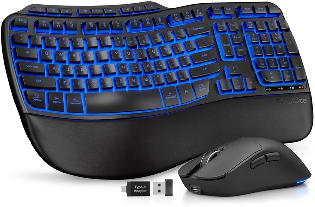 Main image of SABLUTE MA31 Pro Wireless Ergonomic Keyboard and Mouse Combo, Backlit Black 4000mAh + 700mAh rechargeable power, 7-colour lighting, wave-shaped keys, cushioned palm rest, USB-C adapter, English QWERTY