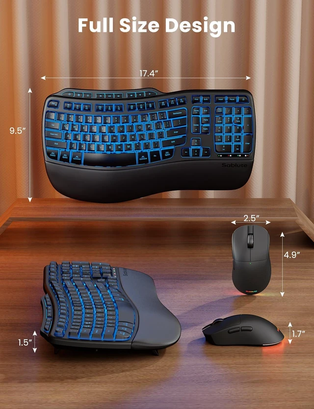 Alt view image 5 of 6 - SABLUTE MA31 Pro Wireless Ergonomic Keyboard and Mouse Combo, Backlit Black 4000mAh + 700mAh rechargeable power, 7-colour lighting, wave-shaped keys, cushioned palm rest, USB-C adapter, English QWERTY