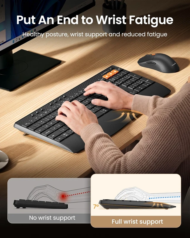 Alt view image 2 of 7 - ProtoArc KM40 Wireless Keyboard Mouse Combo, Ergonomic Wave Wrist Rest | Rechargeable Keyboard with 7 Multimedia Hotkeys, 63G Lightweight Mouse, 3-Device Switching (Dual Bluetooth+2.4G), Full Size