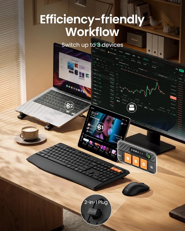 Alt view image 3 of 7 - ProtoArc KM40 Wireless Keyboard Mouse Combo, Ergonomic Wave Wrist Rest | Rechargeable Keyboard with 7 Multimedia Hotkeys, 63G Lightweight Mouse, 3-Device Switching (Dual Bluetooth+2.4G), Full Size