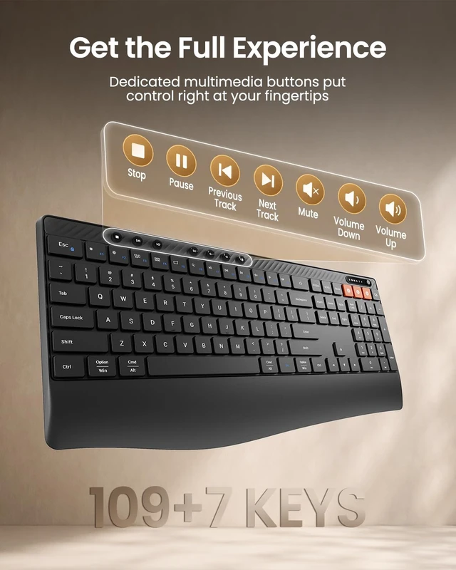 Alt view image 4 of 7 - ProtoArc KM40 Wireless Keyboard Mouse Combo, Ergonomic Wave Wrist Rest | Rechargeable Keyboard with 7 Multimedia Hotkeys, 63G Lightweight Mouse, 3-Device Switching (Dual Bluetooth+2.4G), Full Size