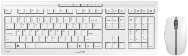 Main image of CHERRY Stream Desktop Recharge, Wireless Keyboard & Mouse Combo, 2.4 GHz Connection, Quiet Keys, Slim Design, Comfortable Writing, Rechargeable, White-Gray