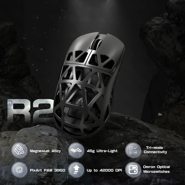 Alt view image 2 of 7 - ATTACK SHARK R2PRO 45g Superlight Magnesium Alloy Mouse, Grey | PixArt PAW3950 Sensor, 42K DPI, 8000Hz Wireless Polling Rate, 2.4G/BT/Wired, Coiled Cable, Programmable Buttons for PC/Mac