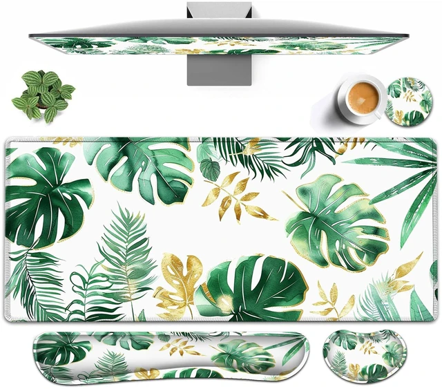 Main image of Large Mouse pad and Keyboard Support Set, Ergonomic Memory Foam Keyboard Wrist Rest, Extended Gaming Mouse Pad with Stitched Edges, Tropical Palm Leaves White XXL Desk Mat (31.5 X 11.8 in)