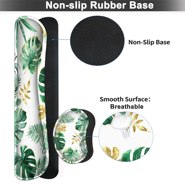 Alt view image 6 of 7 - Large Mouse pad and Keyboard Support Set, Ergonomic Memory Foam Keyboard Wrist Rest, Extended Gaming Mouse Pad with Stitched Edges, Tropical Palm Leaves White XXL Desk Mat (31.5 X 11.8 in)