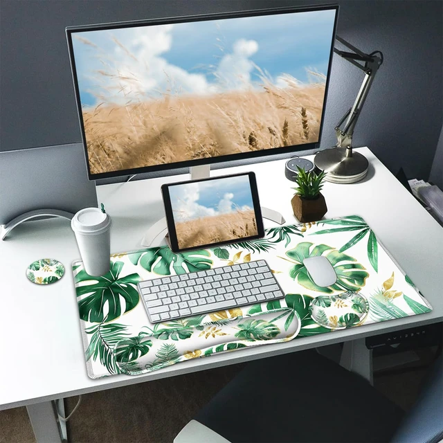 Alt view image 7 of 7 - Large Mouse pad and Keyboard Support Set, Ergonomic Memory Foam Keyboard Wrist Rest, Extended Gaming Mouse Pad with Stitched Edges, Tropical Palm Leaves White XXL Desk Mat (31.5 X 11.8 in)