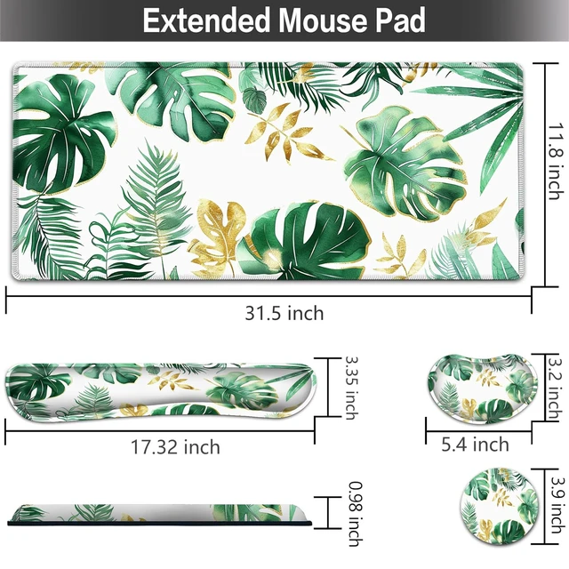 Alt view image 2 of 7 - Large Mouse pad and Keyboard Support Set, Ergonomic Memory Foam Keyboard Wrist Rest, Extended Gaming Mouse Pad with Stitched Edges, Tropical Palm Leaves White XXL Desk Mat (31.5 X 11.8 in)