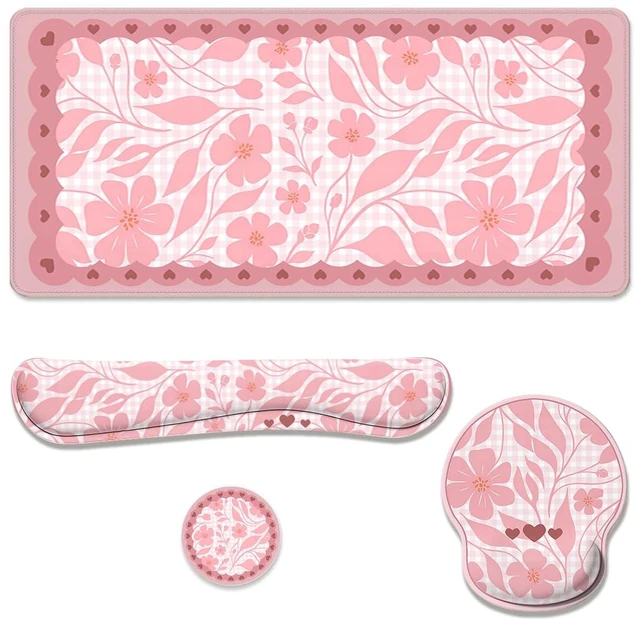 Main image of Pink Floral Desk Mat Set Preppy Hearts Plaid Large Mouse Pad with Wrist Rest 4in1 Desk Mat for Desktop Ergonomic Keyboard Wrist Support Anti-Slip Computer Ergonomic Mouse Pad Home Office Gaming