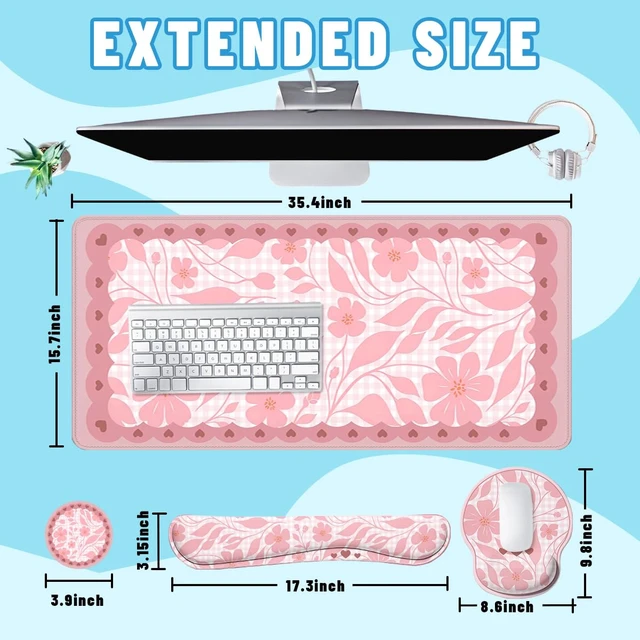 Alt view image 2 of 7 - Pink Floral Desk Mat Set Preppy Hearts Plaid Large Mouse Pad with Wrist Rest 4in1 Desk Mat for Desktop Ergonomic Keyboard Wrist Support Anti-Slip Computer Ergonomic Mouse Pad Home Office Gaming