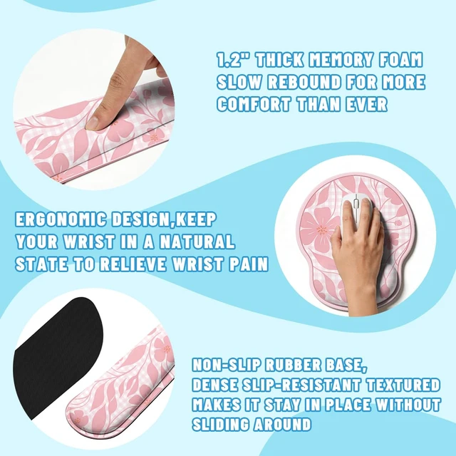 Alt view image 3 of 7 - Pink Floral Desk Mat Set Preppy Hearts Plaid Large Mouse Pad with Wrist Rest 4in1 Desk Mat for Desktop Ergonomic Keyboard Wrist Support Anti-Slip Computer Ergonomic Mouse Pad Home Office Gaming