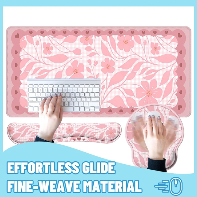 Alt view image 4 of 7 - Pink Floral Desk Mat Set Preppy Hearts Plaid Large Mouse Pad with Wrist Rest 4in1 Desk Mat for Desktop Ergonomic Keyboard Wrist Support Anti-Slip Computer Ergonomic Mouse Pad Home Office Gaming