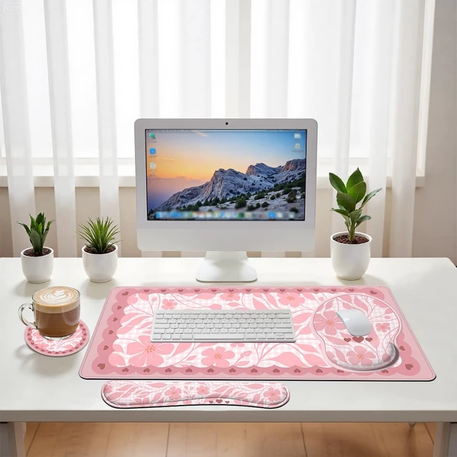 Alt view image 6 of 7 - Pink Floral Desk Mat Set Preppy Hearts Plaid Large Mouse Pad with Wrist Rest 4in1 Desk Mat for Desktop Ergonomic Keyboard Wrist Support Anti-Slip Computer Ergonomic Mouse Pad Home Office Gaming
