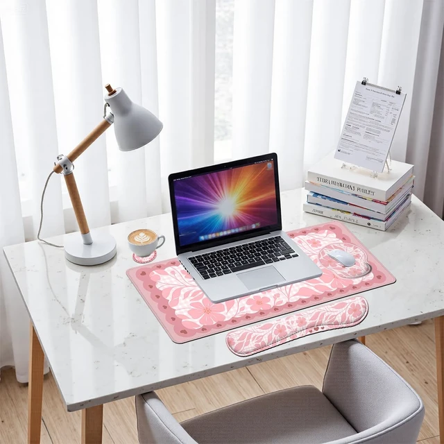 Alt view image 7 of 7 - Pink Floral Desk Mat Set Preppy Hearts Plaid Large Mouse Pad with Wrist Rest 4in1 Desk Mat for Desktop Ergonomic Keyboard Wrist Support Anti-Slip Computer Ergonomic Mouse Pad Home Office Gaming