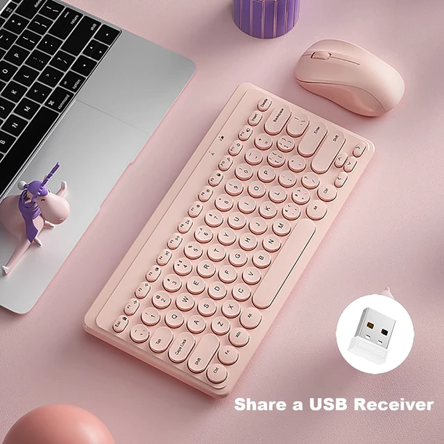 Alt view image 3 of 7 - Compact Keyboard MouseCombo,JieruiDeng 79-Key Retro Mini Cute Computer Keyboard 2.4G USB Wireless and Silent Mice Set for Laptop Desktop PC iPad (Pink)