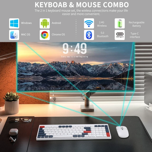 Alt view image 2 of 7 - Bluetooth Wireless Keyboard and Mouse Combo Tri-Mode (BT5.1+BT5.1+2.4GHz) Type-C Rechargeable Cordless Keyboard Mouse, Ultra-Thin Full-Size Keyboard and Mouse for Laptop/Mac/iPad/Chromebook Green
