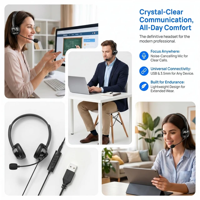 Alt view image 2 of 7 - USB Computer Headset with Noise Cancelling Microphone, Ultra Comfort Wired On-Ear Headphones, In-line Control for Desktop & Chromebook, Call Center Video Conference Online Class(USB+3.5mm, Black)