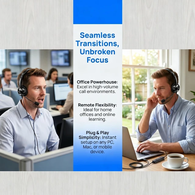 Alt view image 4 of 7 - USB Computer Headset with Noise Cancelling Microphone, Ultra Comfort Wired On-Ear Headphones, In-line Control for Desktop & Chromebook, Call Center Video Conference Online Class(USB+3.5mm, Black)
