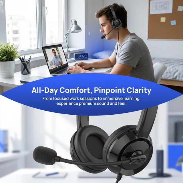 Alt view image 7 of 7 - USB Computer Headset with Noise Cancelling Microphone, Ultra Comfort Wired On-Ear Headphones, In-line Control for Desktop & Chromebook, Call Center Video Conference Online Class(USB+3.5mm, Black)