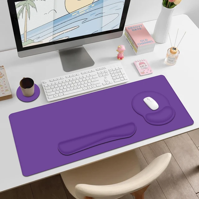 Alt view image 3 of 7 - 4 PCS Mouse Pad Desk Mat Protector, Keyboard Wrist Rest + Comfortable Mouse Pad Wrist Rest +Coaster, Large Gaming Mousepad for Computer Laptop, 35.4"X 15.7" Deskpad for Office Home I Dark Purple
