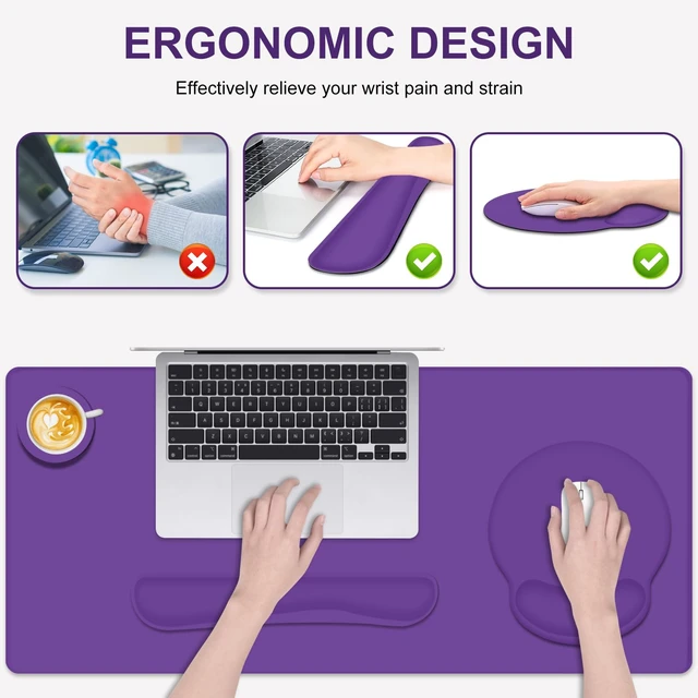 Alt view image 2 of 7 - 4 PCS Mouse Pad Desk Mat Protector, Keyboard Wrist Rest + Comfortable Mouse Pad Wrist Rest +Coaster, Large Gaming Mousepad for Computer Laptop, 35.4"X 15.7" Deskpad for Office Home I Dark Purple